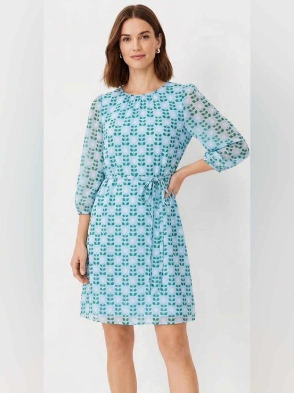Ann Taylor Sky Blue 3/4 Dress with Green Leaf Print (size -4)